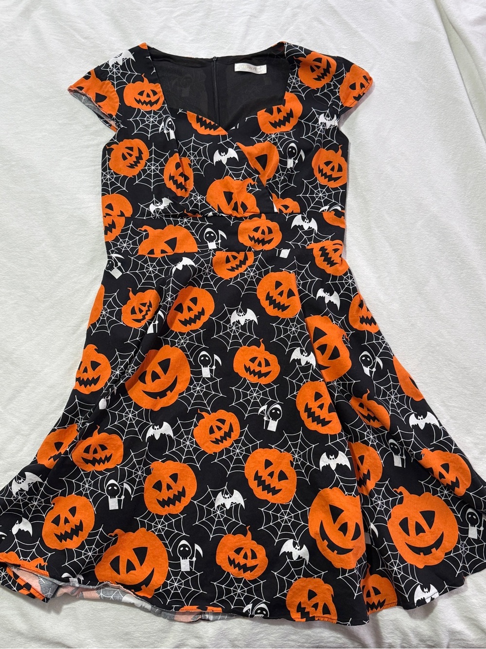 Halloween Pumpkin Print Women’s Dress - Black & Orange pinup vintage style
